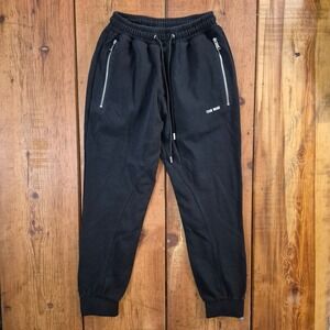 Team Wang Design Black Logo Joggers Sweatpants Silver Zipper Ankle Size 1